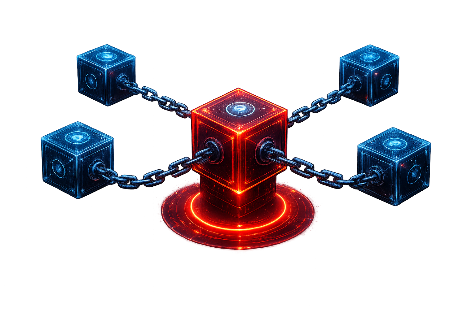 Blockchain network with glowing cubes